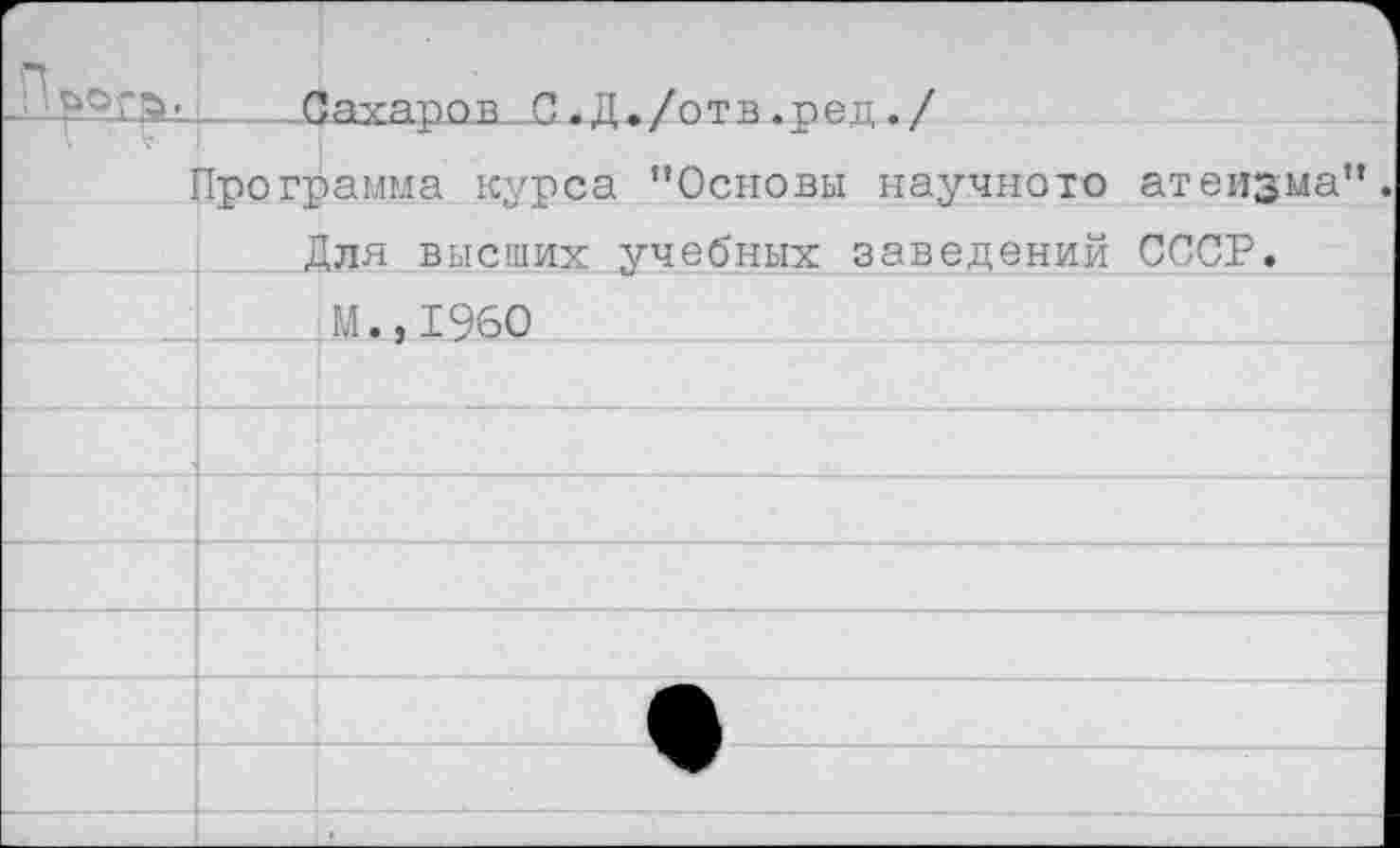 ﻿И			с	Каханов С-П./отв.пеп./
		1рограмма курса "Основы научною атеизма” Для высших учебных заведений СССР.	
			М.,1960
			
			
			
			
			
			
			
			■